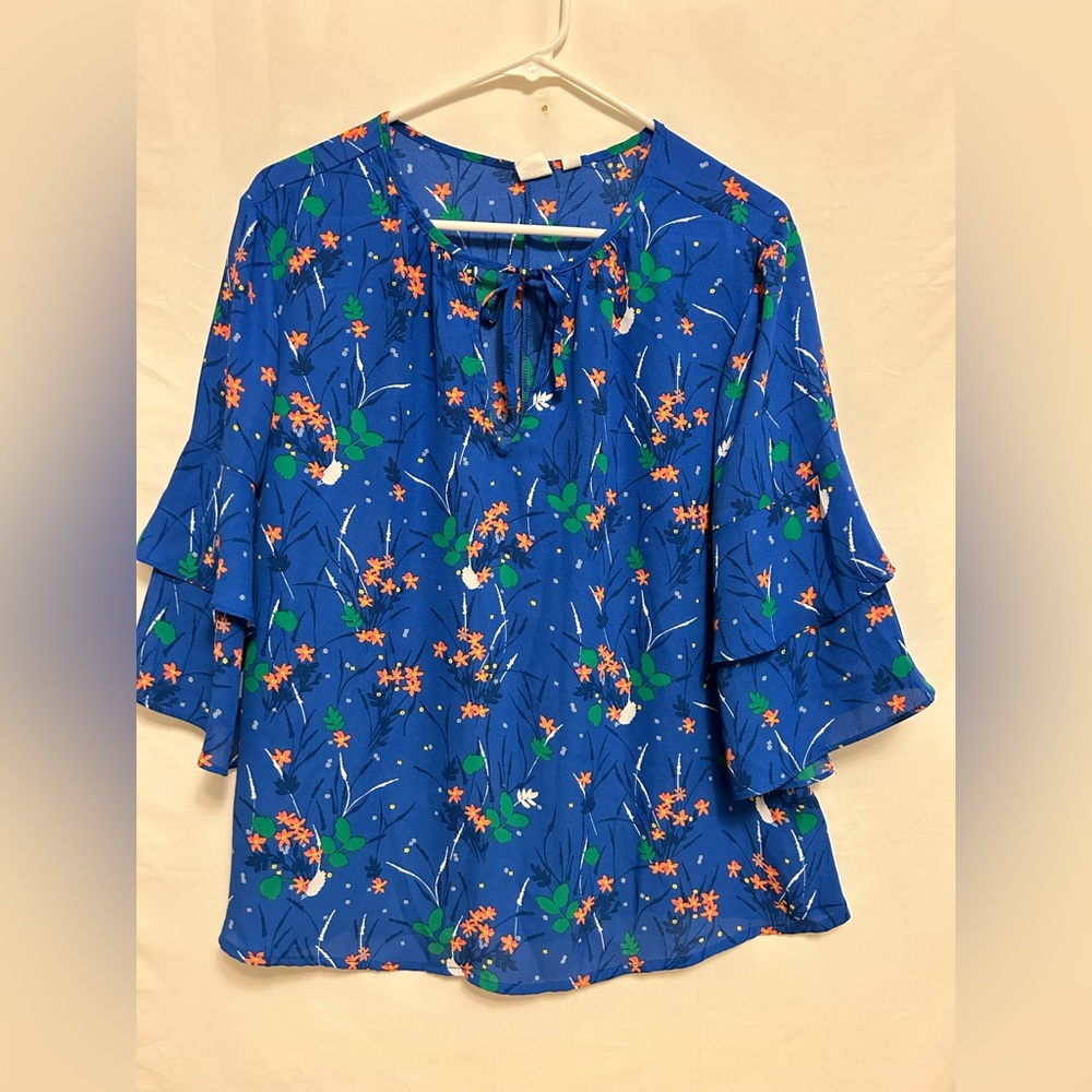Gap Blue Floral Print Ruffle 3/4 Sleeve Top Blouse 100%‎ Polyester Size Large
